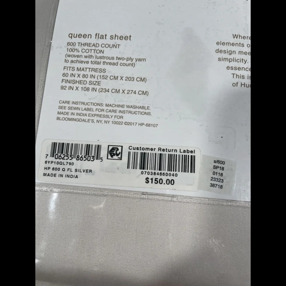 NIB [ Queen ] 600TC Cotton‎ Flat Sheet for Hudson Park in Silver